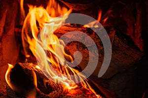 Wood log burning in the chimenea. Fire wood, coal and amber ash closeup. Red tongues of flame and glowing amber.