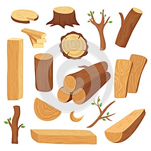 Wood log and trunk. Cartoon wooden lumber, plank. Forestry construction materials vector isolated set