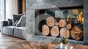 The wood logs crackle and pop in the fireplace providing a rustic charm to the modern industrial decor. 2d flat cartoon