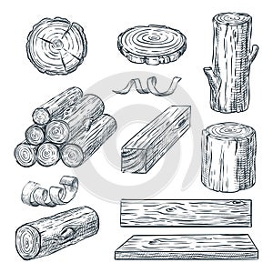 Wood logs, trunk and planks, vector sketch illustration. Hand drawn wooden materials. Firewood set