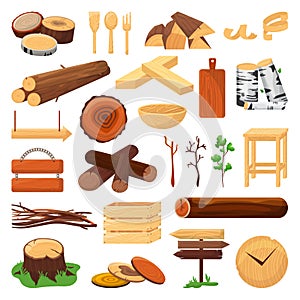 Wood logs, trunks and planks set of vector ilustration. Wood timber materials, wooden cuts, planks, twigs and kitchen