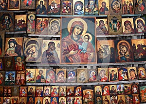 Wood made Orthodox religious painting icon, in downtown Sofia, Bulgaria.