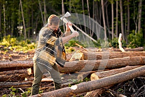 Wood man holding heavy ax. Axe in lumberjack hands chopping or cutting wood trunks