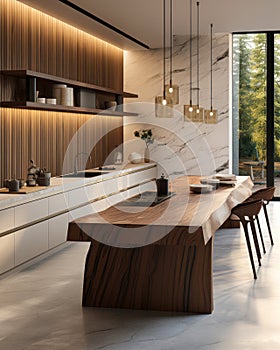 Wood marble island dining table sink pendant light in beige kitchen counter cabinet cupboard polished cement floor wood panel wall