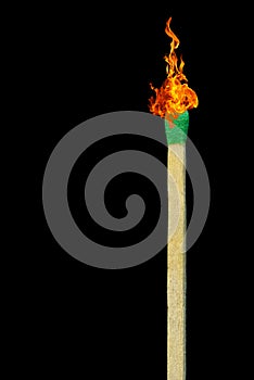 Wood Match with Flame - Green Tip on Black Background - room for caption