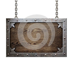 Wood medieval sign with metal frame isolated