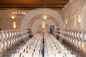 Wood oak Barrels in Wine Cellar in Bordeaux Wineyard