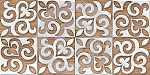 Wood oak 3d tiles texture with white plastic elements. Material wood oak.