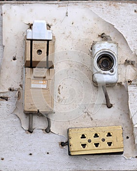 Wood panel, electrical equipment In old condition