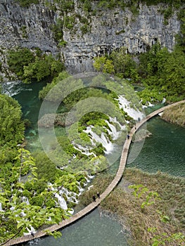 Wood path and waterfall in Plitvice National Park