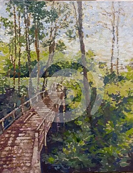 Wood pathway in tropical forest impressionism painting