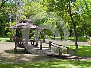 Wood pavilion on marsh