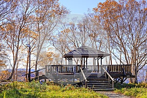 Wood pavilion among the trees in Kuromoriyama - Senboku, Akita, Japan