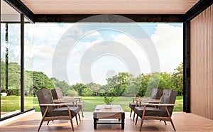 Wood pavillion with garden view 3d rendering image
