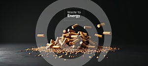 Wood pellet production transforming sawdust into energy with waste to energy message photo