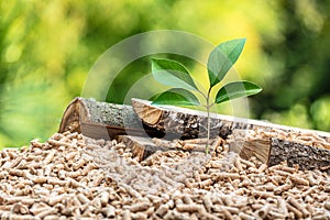 Wood pellets with leaf and tree trunks photo