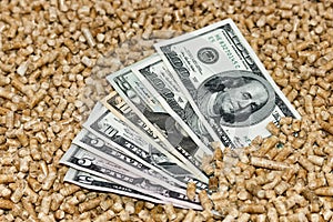 Wood pellets and money, dollars. The concept of savings when using Biofuels from wood chips .The cat litter