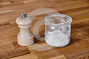 Wood pepper mill glass salt jar