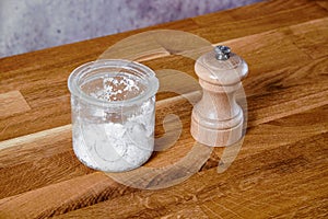 Wood pepper mill glass salt jar