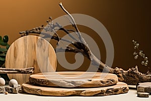 Wood pieces podium with stones and branches decorations. Background for perfume, jewellery and cosmetic products. Front view