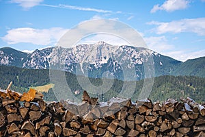 Wood pile and mountain Raduha in Kamnikâ€“Savinja Alps, Slovenia