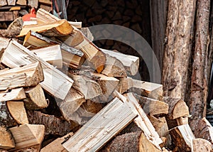 wood piles in the yard, wood processing for the winter season, wood heating in the countryside