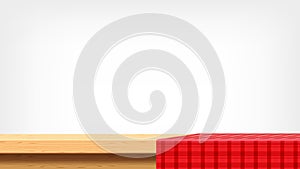 Wood plank and red tablecloth front view and copy space, empty table top and tablecloth, red checkered cloth on wood plank