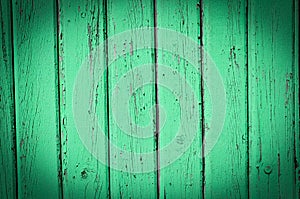 Wood planks frame, old green paint peeling off background texture