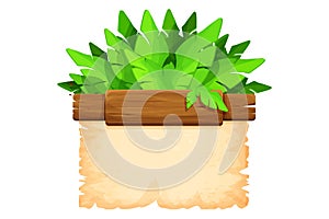 Wood planks with parchment paper jungle frame in cartoon style isolated on white background. Frame, medieval panel, menu