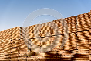 Wood planks pile under the blue sky. Outside wood stock