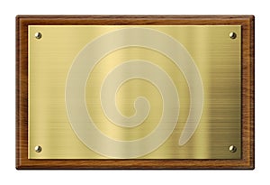 Wood plaque with brass or gold metal plate.