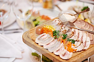 Wood plate with food at restaurant
