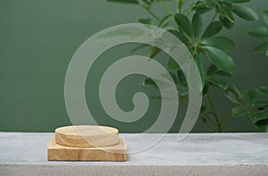 Wood podium on concrete table top floor tropical plant with blurred dark green background.Healthy natural product placement