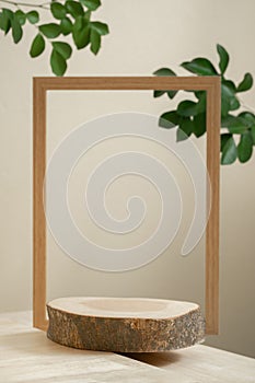 Wood podium table top with frame green leaf plant on beige background.Beauty cosmetic natural mild product modern display,nature