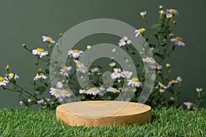 Wood podium table top on green grass blurred flower tropical forest plant nature background.Natural product placement pedestal