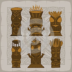 Wood Polynesian Tiki idols, gods statue carving. Vector