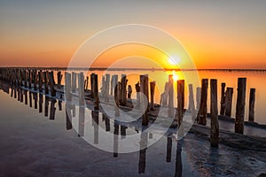 Wood posts for salt extraction in the water of extremely salty lake, amazing nature landscape in sunset light with colored sky