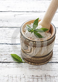 Wood pounder with salt and basil photo