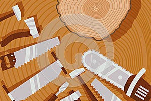 Wood processing tool, instrument for lumberjack, saw, hammer, axe, concept flat vector illustration. Design wood device.