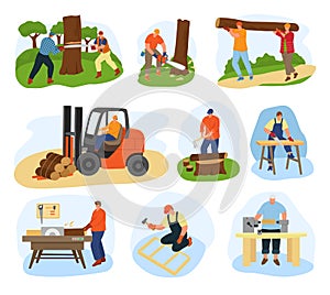 Wood processing vector illustration flat set. Wooden production equipment and timbers. Sawing up trucks, transportation