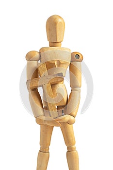 Wood Puppet Man Holding Simple Wood Cross. Adjustable Wood Doll Mannequin on iSolated White Background