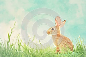 A wood rabbit is peacefully sitting in the grass, gazing up at the sky