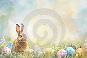 A wood rabbit is peacefully sitting in the natural landscape next to Easter eggs