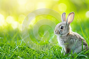 Wood rabbit resting in grass, gazing at camera in natural landscape