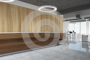 Wood reception in round lamp office, side view