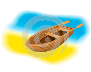 Wood rowboat with oars on the beach. Sailing boat with paddles standing on a sand shore of sea.