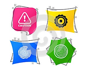 Wood and saw circular wheel icons. Attention. Vector