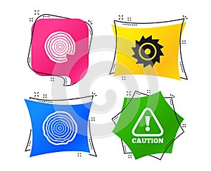Wood and saw circular wheel icons. Attention. Vector