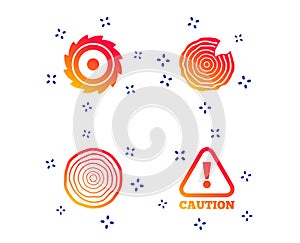 Wood and saw circular wheel icons. Attention. Vector