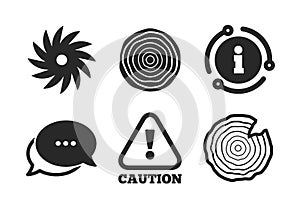 Wood and saw circular wheel icons. Attention. Vector